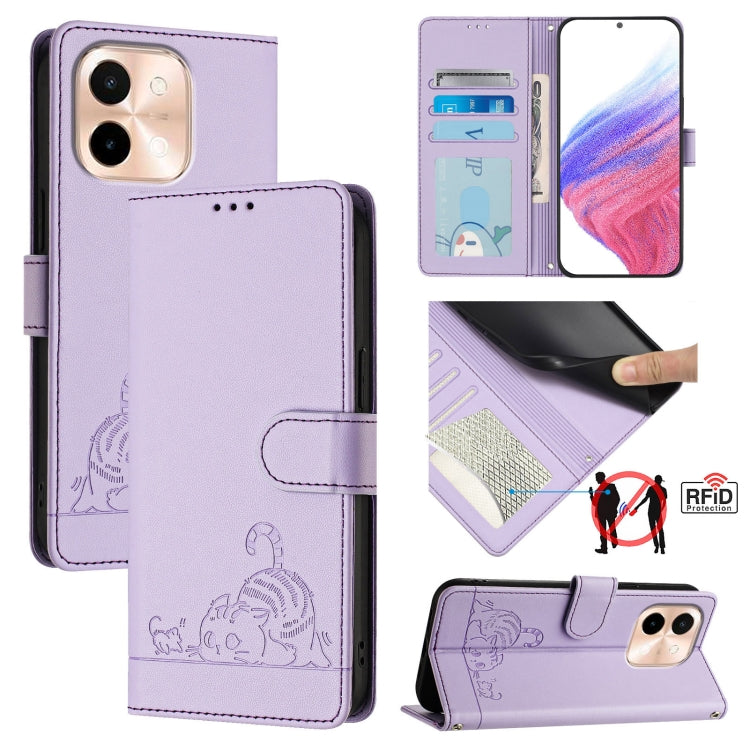 Cat Rat Embossed Pattern RFID Leather Phone Case with Lanyard, For vivo Y300 Pro, For vivo iQOO Z9s Pro 5G India, For vivo S19 Pro, For vivo S19, For vivo Y28 4G, For vivo Y38 5G, For vivo Y20 / Y20i / Y20S / Y11S, For vivo Y12S / iQOO U1x