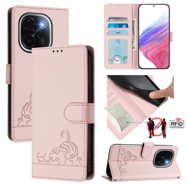 Cat Rat Embossed Pattern RFID Leather Phone Case with Lanyard, For vivo Y300 Pro, For vivo iQOO Z9s Pro 5G India, For vivo S19 Pro, For vivo S19, For vivo Y28 4G, For vivo Y38 5G, For vivo Y20 / Y20i / Y20S / Y11S, For vivo Y12S / iQOO U1x