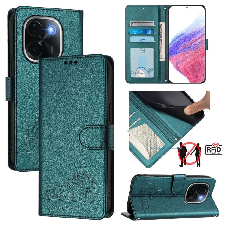 Cat Rat Embossed Pattern RFID Leather Phone Case with Lanyard, For vivo Y300 Pro, For vivo iQOO Z9s Pro 5G India, For vivo S19 Pro, For vivo S19, For vivo Y28 4G, For vivo Y38 5G, For vivo Y20 / Y20i / Y20S / Y11S, For vivo Y12S / iQOO U1x