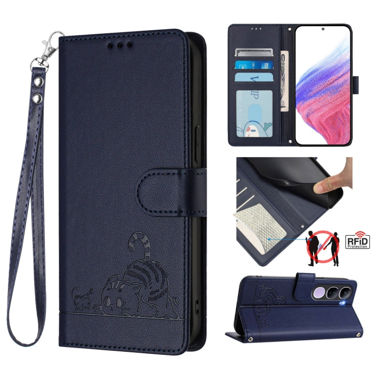 Cat Rat Embossed Pattern RFID Leather Phone Case with Lanyard, For vivo Y300 Pro, For vivo iQOO Z9s Pro 5G India, For vivo S19 Pro, For vivo S19, For vivo Y28 4G, For vivo Y38 5G, For vivo Y20 / Y20i / Y20S / Y11S, For vivo Y12S / iQOO U1x