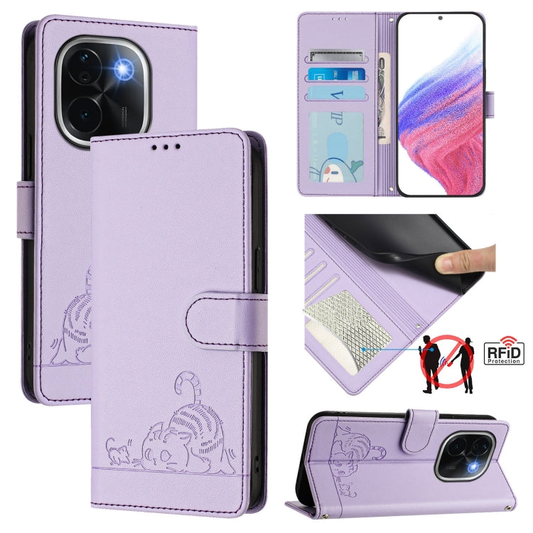Cat Rat Embossed Pattern RFID Leather Phone Case with Lanyard, For vivo Y300 Pro, For vivo iQOO Z9s Pro 5G India, For vivo S19 Pro, For vivo S19, For vivo Y28 4G, For vivo Y38 5G, For vivo Y20 / Y20i / Y20S / Y11S, For vivo Y12S / iQOO U1x