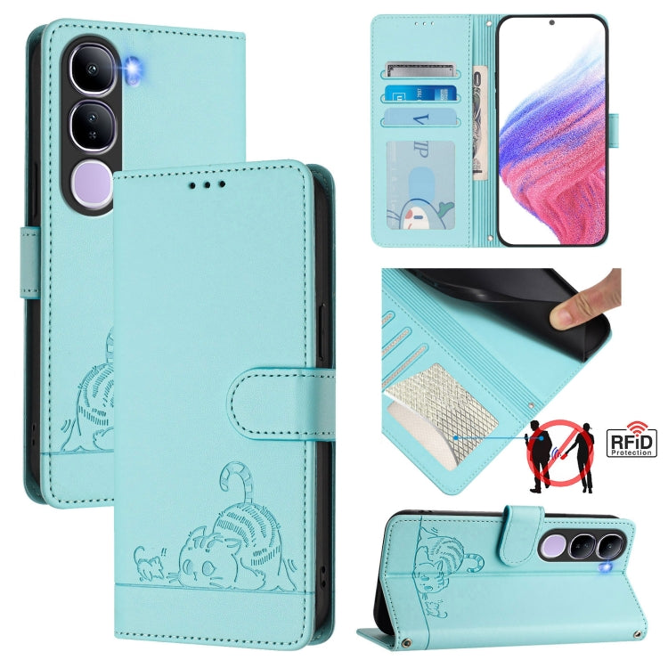 Cat Rat Embossed Pattern RFID Leather Phone Case with Lanyard, For vivo V50 Lite 5G, For vivo Y29S 5G / Y04 4G Global, For vivo Y29 4G Global, For vivo V50 5G Global, For vivo S20 5G, For vivo S20 Pro 5G, For vivo V40 Lite 5G IDN, For vivo V40e 5G India