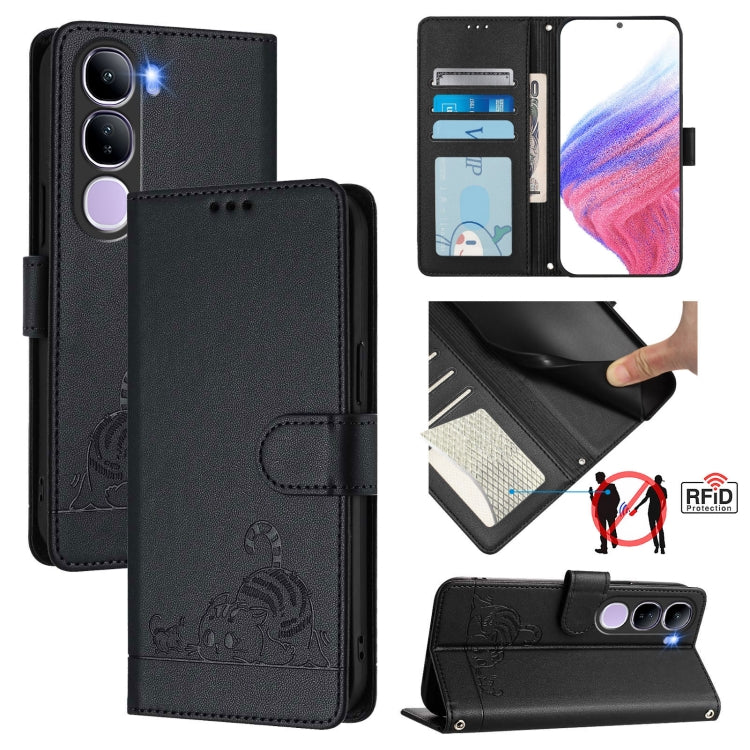 Cat Rat Embossed Pattern RFID Leather Phone Case with Lanyard, For vivo V50 Lite 5G, For vivo Y29S 5G / Y04 4G Global, For vivo Y29 4G Global, For vivo V50 5G Global, For vivo S20 5G, For vivo S20 Pro 5G, For vivo V40 Lite 5G IDN, For vivo V40e 5G India