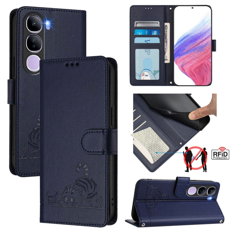 Cat Rat Embossed Pattern RFID Leather Phone Case with Lanyard, For vivo V50 Lite 5G, For vivo Y29S 5G / Y04 4G Global, For vivo Y29 4G Global, For vivo V50 5G Global, For vivo S20 5G, For vivo S20 Pro 5G, For vivo V40 Lite 5G IDN, For vivo V40e 5G India