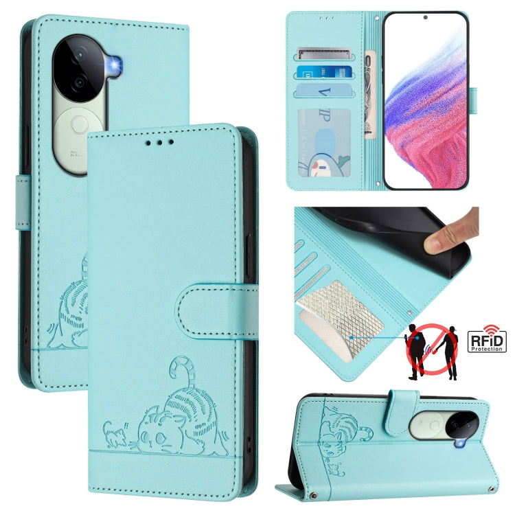 Cat Rat Embossed Pattern RFID Leather Phone Case with Lanyard, For vivo V50 Lite 5G, For vivo Y29S 5G / Y04 4G Global, For vivo Y29 4G Global, For vivo V50 5G Global, For vivo S20 5G, For vivo S20 Pro 5G, For vivo V40 Lite 5G IDN, For vivo V40e 5G India