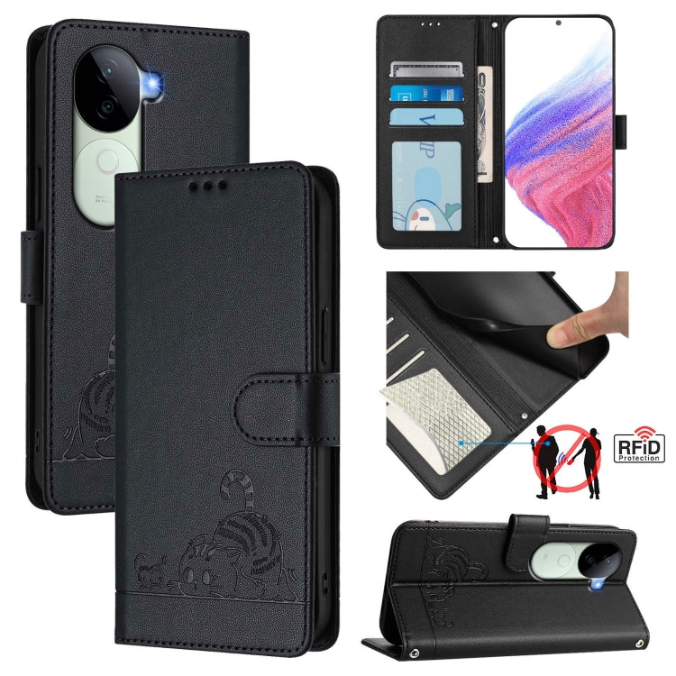 Cat Rat Embossed Pattern RFID Leather Phone Case with Lanyard, For vivo V50 Lite 5G, For vivo Y29S 5G / Y04 4G Global, For vivo Y29 4G Global, For vivo V50 5G Global, For vivo S20 5G, For vivo S20 Pro 5G, For vivo V40 Lite 5G IDN, For vivo V40e 5G India