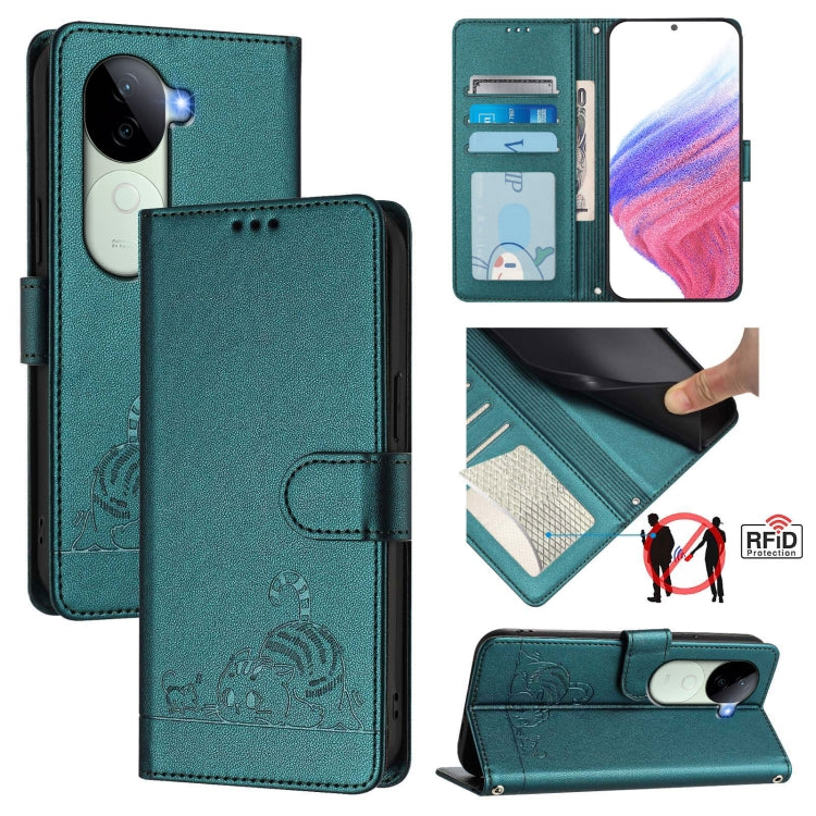 Cat Rat Embossed Pattern RFID Leather Phone Case with Lanyard, For vivo V50 Lite 5G, For vivo Y29S 5G / Y04 4G Global, For vivo Y29 4G Global, For vivo V50 5G Global, For vivo S20 5G, For vivo S20 Pro 5G, For vivo V40 Lite 5G IDN, For vivo V40e 5G India