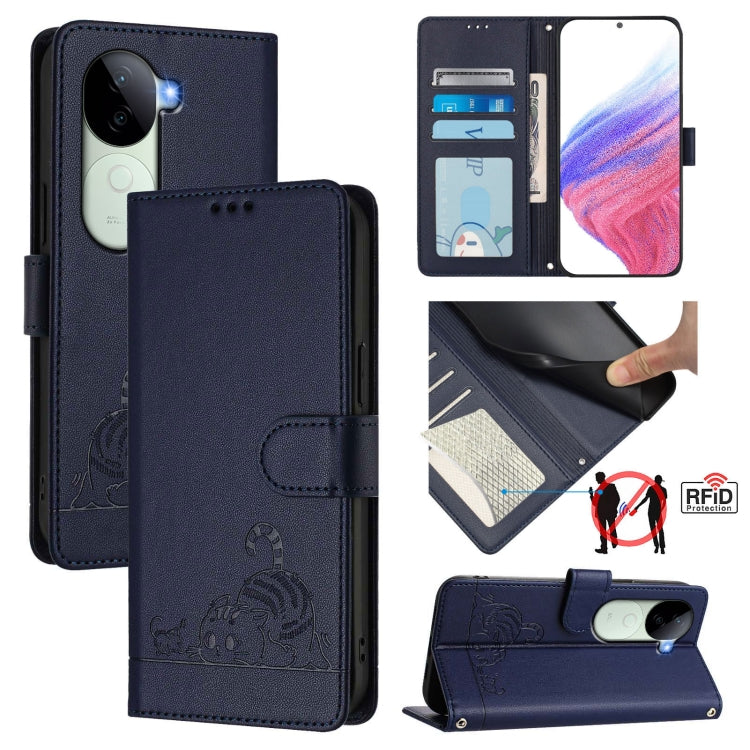 Cat Rat Embossed Pattern RFID Leather Phone Case with Lanyard, For vivo V50 Lite 5G, For vivo Y29S 5G / Y04 4G Global, For vivo Y29 4G Global, For vivo V50 5G Global, For vivo S20 5G, For vivo S20 Pro 5G, For vivo V40 Lite 5G IDN, For vivo V40e 5G India