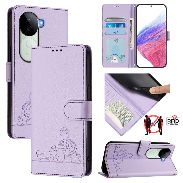 Cat Rat Embossed Pattern RFID Leather Phone Case with Lanyard, For vivo V50 Lite 5G, For vivo Y29S 5G / Y04 4G Global, For vivo Y29 4G Global, For vivo V50 5G Global, For vivo S20 5G, For vivo S20 Pro 5G, For vivo V40 Lite 5G IDN, For vivo V40e 5G India