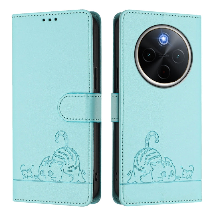 Cat Rat Embossed Pattern RFID Leather Phone Case with Lanyard, For vivo Y300 Pro, For vivo iQOO Z9s Pro 5G India, For vivo S19 Pro, For vivo S19, For vivo Y28 4G, For vivo Y38 5G, For vivo Y20 / Y20i / Y20S / Y11S, For vivo Y12S / iQOO U1x