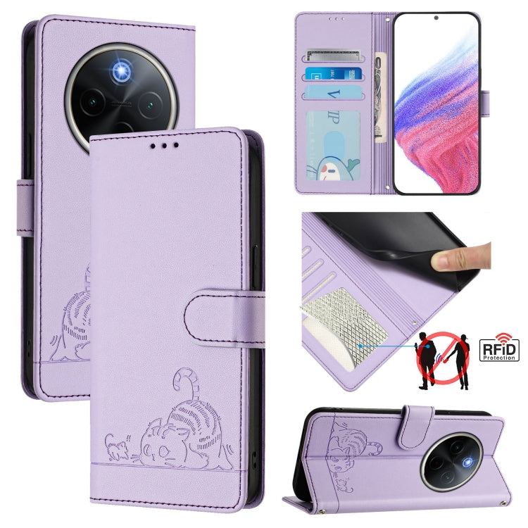 Cat Rat Embossed Pattern RFID Leather Phone Case with Lanyard, For vivo Y300 Pro, For vivo iQOO Z9s Pro 5G India, For vivo S19 Pro, For vivo S19, For vivo Y28 4G, For vivo Y38 5G, For vivo Y20 / Y20i / Y20S / Y11S, For vivo Y12S / iQOO U1x