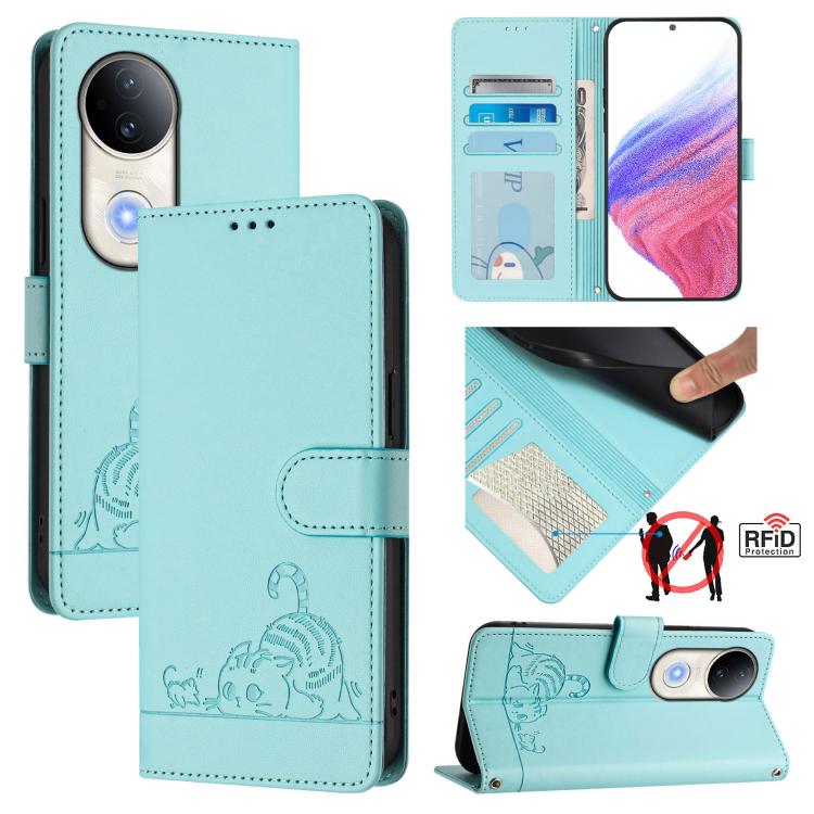 Cat Rat Embossed Pattern RFID Leather Phone Case with Lanyard, For vivo V50 Lite 5G, For vivo Y29S 5G / Y04 4G Global, For vivo Y29 4G Global, For vivo V50 5G Global, For vivo S20 5G, For vivo S20 Pro 5G, For vivo V40 Lite 5G IDN, For vivo V40e 5G India