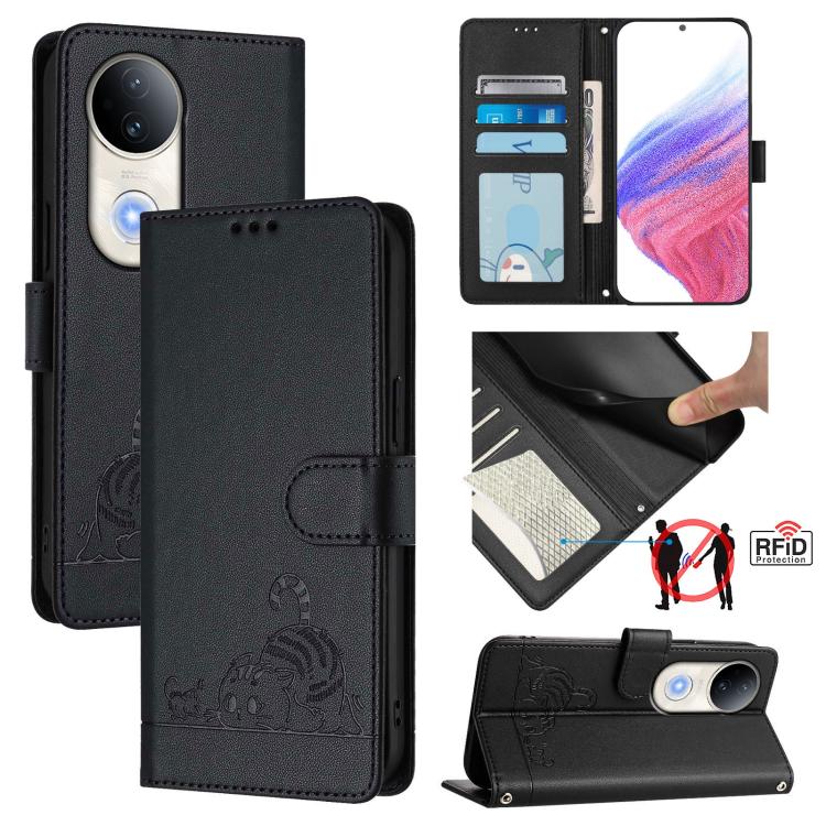 Cat Rat Embossed Pattern RFID Leather Phone Case with Lanyard, For vivo V50 Lite 5G, For vivo Y29S 5G / Y04 4G Global, For vivo Y29 4G Global, For vivo V50 5G Global, For vivo S20 5G, For vivo S20 Pro 5G, For vivo V40 Lite 5G IDN, For vivo V40e 5G India