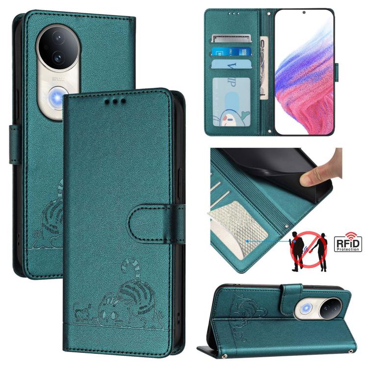 Cat Rat Embossed Pattern RFID Leather Phone Case with Lanyard, For vivo V50 Lite 5G, For vivo Y29S 5G / Y04 4G Global, For vivo Y29 4G Global, For vivo V50 5G Global, For vivo S20 5G, For vivo S20 Pro 5G, For vivo V40 Lite 5G IDN, For vivo V40e 5G India