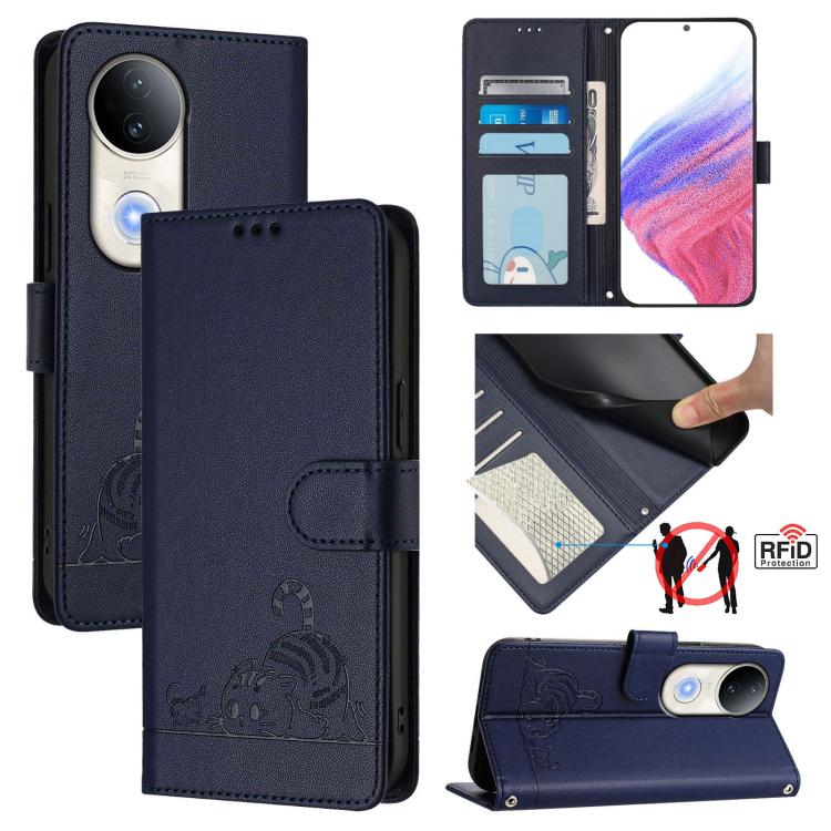 Cat Rat Embossed Pattern RFID Leather Phone Case with Lanyard, For vivo V50 Lite 5G, For vivo Y29S 5G / Y04 4G Global, For vivo Y29 4G Global, For vivo V50 5G Global, For vivo S20 5G, For vivo S20 Pro 5G, For vivo V40 Lite 5G IDN, For vivo V40e 5G India
