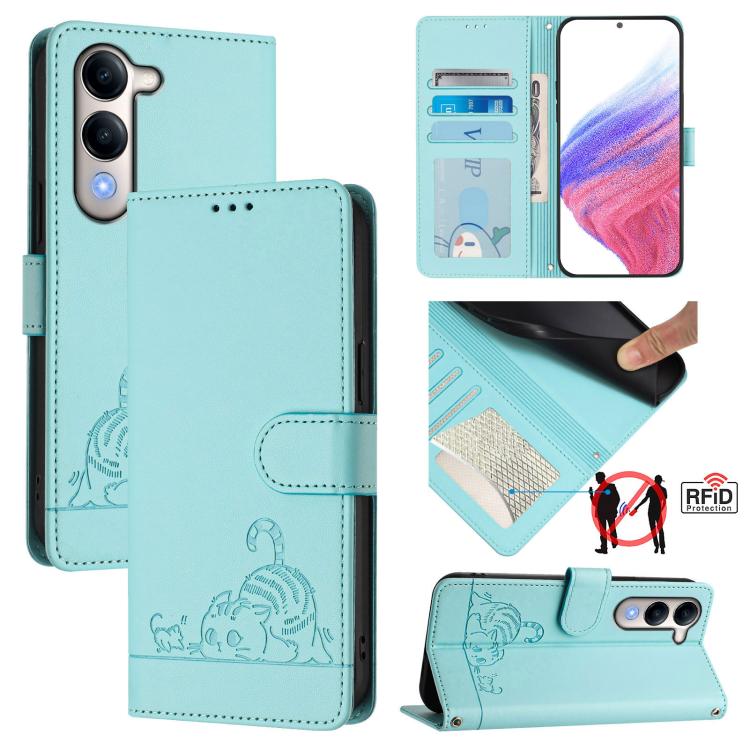 Cat Rat Embossed Pattern RFID Leather Phone Case with Lanyard, For vivo V50 Lite 5G, For vivo Y29S 5G / Y04 4G Global, For vivo Y29 4G Global, For vivo V50 5G Global, For vivo S20 5G, For vivo S20 Pro 5G, For vivo V40 Lite 5G IDN, For vivo V40e 5G India