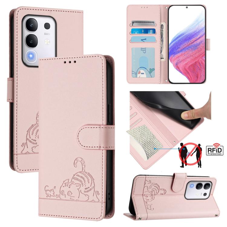Cat Rat Embossed Pattern RFID Leather Phone Case with Lanyard, For vivo V50 Lite 5G, For vivo Y29S 5G / Y04 4G Global, For vivo Y29 4G Global, For vivo V50 5G Global, For vivo S20 5G, For vivo S20 Pro 5G, For vivo V40 Lite 5G IDN, For vivo V40e 5G India