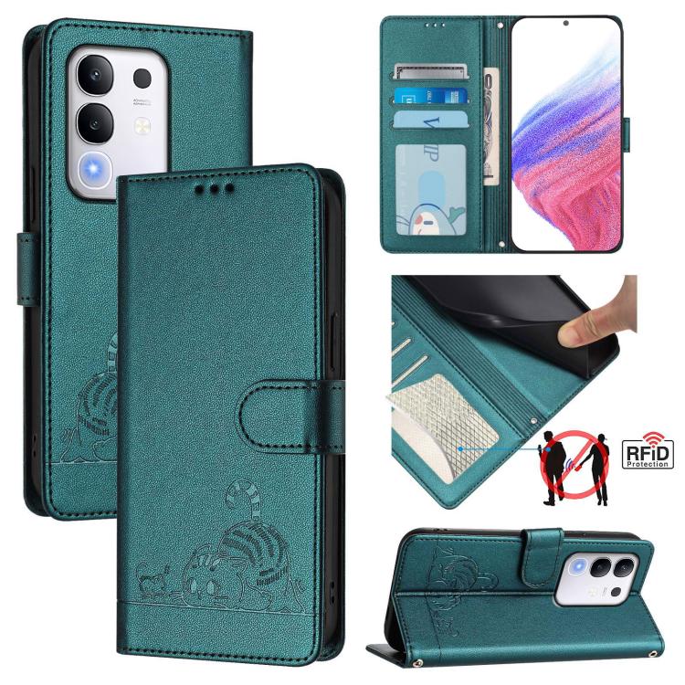 Cat Rat Embossed Pattern RFID Leather Phone Case with Lanyard, For vivo V50 Lite 5G, For vivo Y29S 5G / Y04 4G Global, For vivo Y29 4G Global, For vivo V50 5G Global, For vivo S20 5G, For vivo S20 Pro 5G, For vivo V40 Lite 5G IDN, For vivo V40e 5G India