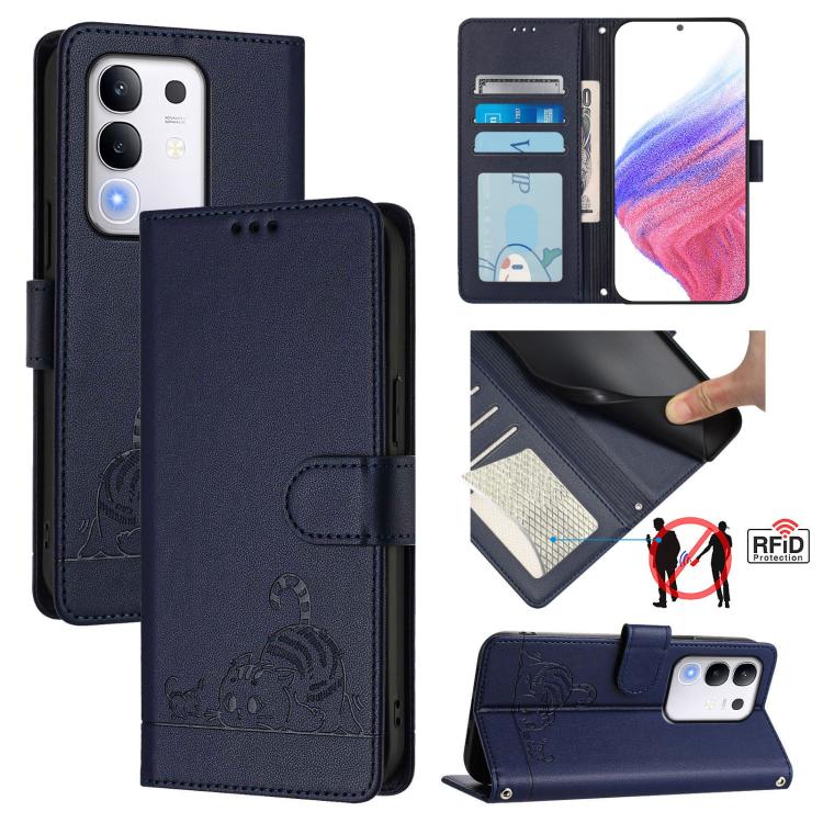 Cat Rat Embossed Pattern RFID Leather Phone Case with Lanyard, For vivo V50 Lite 5G, For vivo Y29S 5G / Y04 4G Global, For vivo Y29 4G Global, For vivo V50 5G Global, For vivo S20 5G, For vivo S20 Pro 5G, For vivo V40 Lite 5G IDN, For vivo V40e 5G India