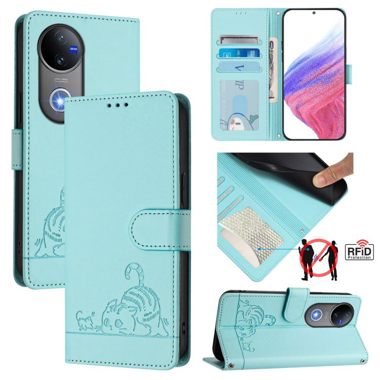 Cat Rat Embossed Pattern RFID Leather Phone Case with Lanyard, For vivo V50 Lite 5G, For vivo Y29S 5G / Y04 4G Global, For vivo Y29 4G Global, For vivo V50 5G Global, For vivo S20 5G, For vivo S20 Pro 5G, For vivo V40 Lite 5G IDN, For vivo V40e 5G India