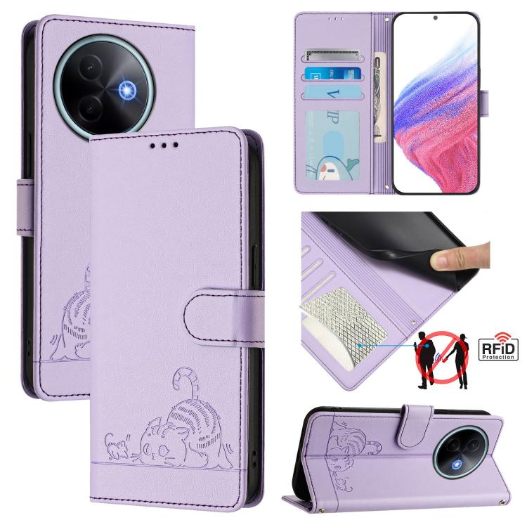 Cat Rat Embossed Pattern RFID Leather Phone Case with Lanyard, For vivo V60 Lite 5G Global, For vivo Y400 5G Global, For vivo Y400 4G, For vivo V60 5G Global, For vivo S30 Pro mini, For vivo S30, For vivo X200s 5G, For vivo Y39 5G Global
