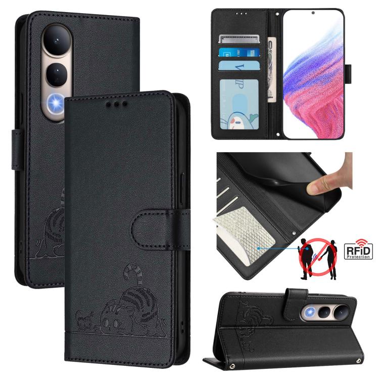 Cat Rat Embossed Pattern RFID Leather Phone Case with Lanyard, For vivo V50 Lite 5G, For vivo Y29S 5G / Y04 4G Global, For vivo Y29 4G Global, For vivo V50 5G Global, For vivo S20 5G, For vivo S20 Pro 5G, For vivo V40 Lite 5G IDN, For vivo V40e 5G India