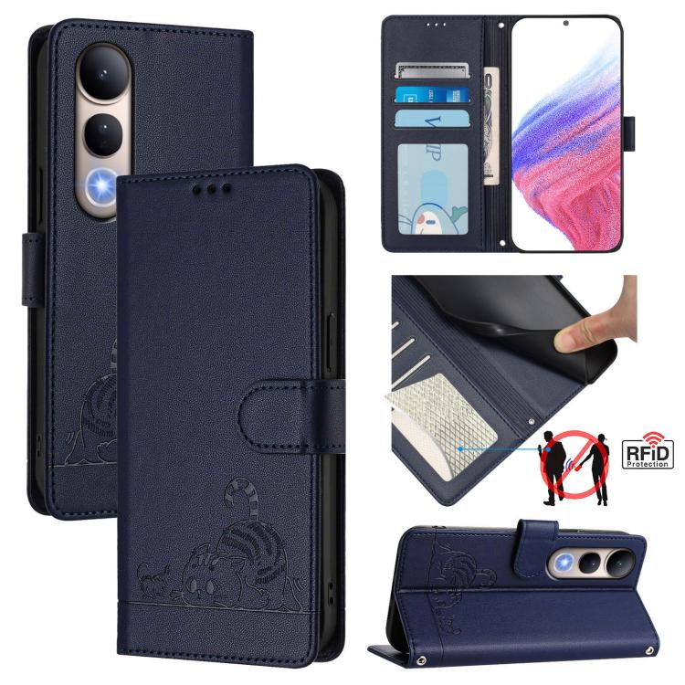 Cat Rat Embossed Pattern RFID Leather Phone Case with Lanyard, For vivo V50 Lite 5G, For vivo Y29S 5G / Y04 4G Global, For vivo Y29 4G Global, For vivo V50 5G Global, For vivo S20 5G, For vivo S20 Pro 5G, For vivo V40 Lite 5G IDN, For vivo V40e 5G India
