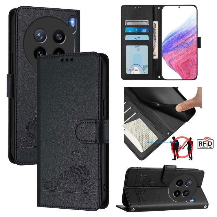 Cat Rat Embossed Pattern RFID Leather Phone Case with Lanyard, For vivo V60 Lite 5G Global, For vivo Y400 5G Global, For vivo Y400 4G, For vivo V60 5G Global, For vivo S30 Pro mini, For vivo S30, For vivo X200s 5G, For vivo Y39 5G Global