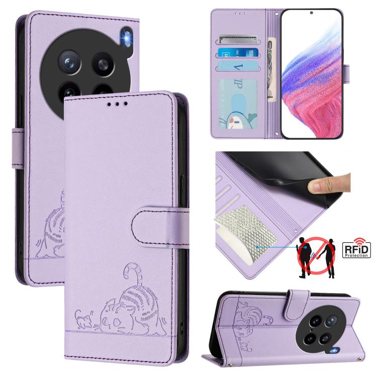 Cat Rat Embossed Pattern RFID Leather Phone Case with Lanyard, For vivo V60 Lite 5G Global, For vivo Y400 5G Global, For vivo Y400 4G, For vivo V60 5G Global, For vivo S30 Pro mini, For vivo S30, For vivo X200s 5G, For vivo Y39 5G Global