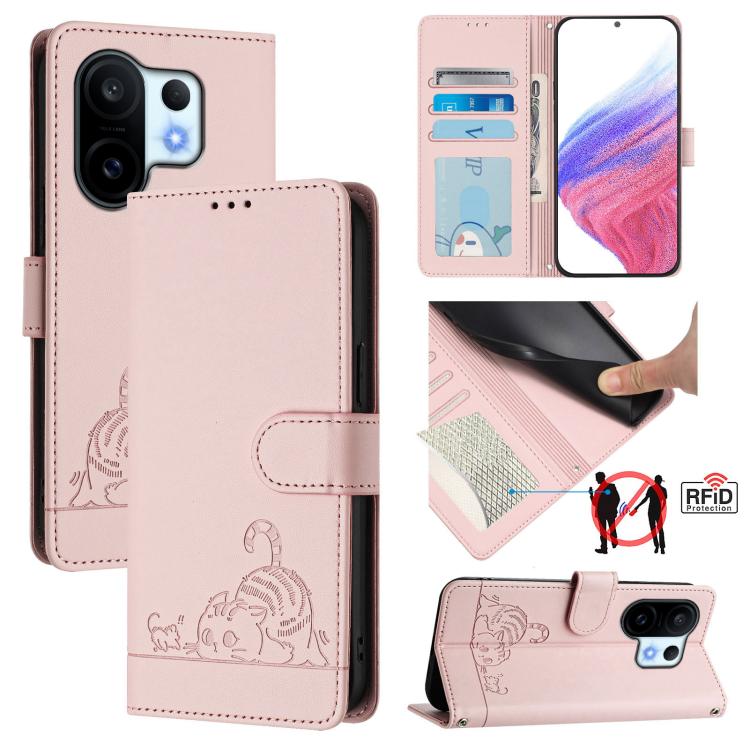 Cat Rat Embossed Pattern RFID Leather Phone Case with Lanyard, For vivo V60 Lite 5G Global, For vivo Y400 5G Global, For vivo Y400 4G, For vivo V60 5G Global, For vivo S30 Pro mini, For vivo S30, For vivo X200s 5G, For vivo Y39 5G Global