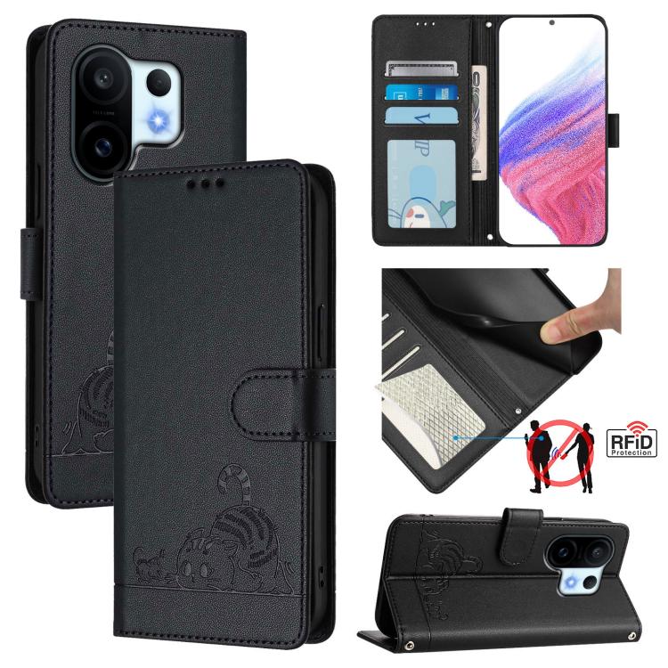 Cat Rat Embossed Pattern RFID Leather Phone Case with Lanyard, For vivo V60 Lite 5G Global, For vivo Y400 5G Global, For vivo Y400 4G, For vivo V60 5G Global, For vivo S30 Pro mini, For vivo S30, For vivo X200s 5G, For vivo Y39 5G Global