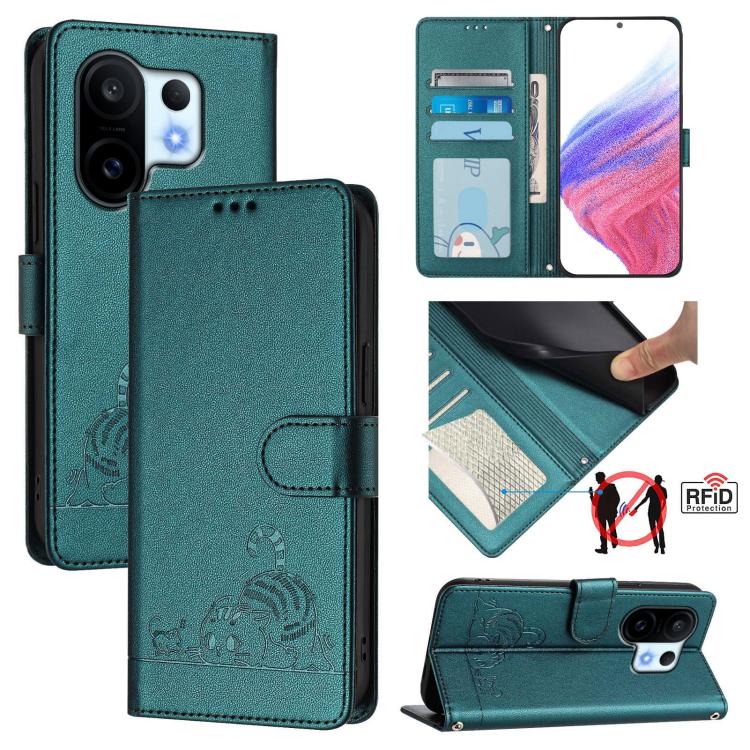 Cat Rat Embossed Pattern RFID Leather Phone Case with Lanyard, For vivo V60 Lite 5G Global, For vivo Y400 5G Global, For vivo Y400 4G, For vivo V60 5G Global, For vivo S30 Pro mini, For vivo S30, For vivo X200s 5G, For vivo Y39 5G Global