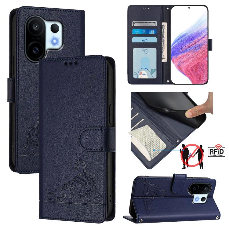 Cat Rat Embossed Pattern RFID Leather Phone Case with Lanyard, For vivo V60 Lite 5G Global, For vivo Y400 5G Global, For vivo Y400 4G, For vivo V60 5G Global, For vivo S30 Pro mini, For vivo S30, For vivo X200s 5G, For vivo Y39 5G Global