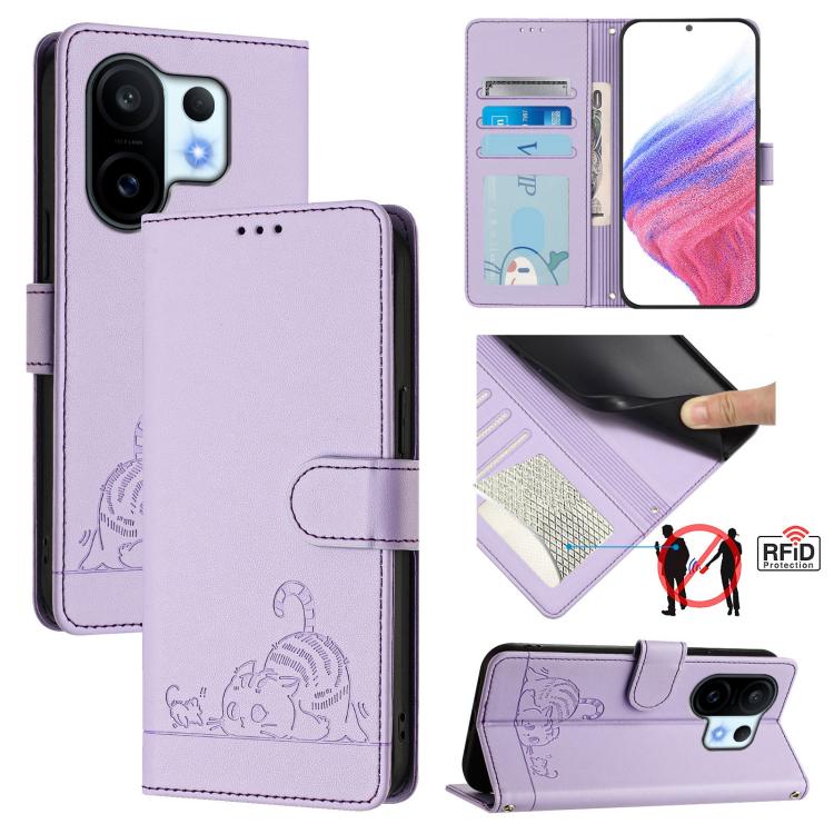 Cat Rat Embossed Pattern RFID Leather Phone Case with Lanyard, For vivo V60 Lite 5G Global, For vivo Y400 5G Global, For vivo Y400 4G, For vivo V60 5G Global, For vivo S30 Pro mini, For vivo S30, For vivo X200s 5G, For vivo Y39 5G Global