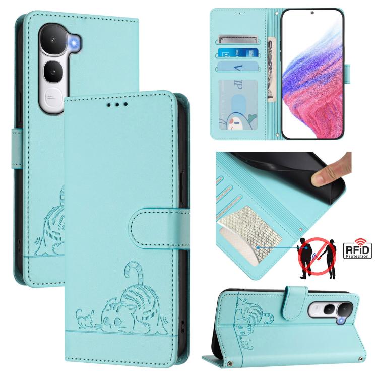 Cat Rat Embossed Pattern RFID Leather Phone Case with Lanyard, For vivo V60 Lite 5G Global, For vivo Y400 5G Global, For vivo Y400 4G, For vivo V60 5G Global, For vivo S30 Pro mini, For vivo S30, For vivo X200s 5G, For vivo Y39 5G Global