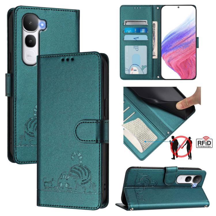 Cat Rat Embossed Pattern RFID Leather Phone Case with Lanyard, For vivo V60 Lite 5G Global, For vivo Y400 5G Global, For vivo Y400 4G, For vivo V60 5G Global, For vivo S30 Pro mini, For vivo S30, For vivo X200s 5G, For vivo Y39 5G Global