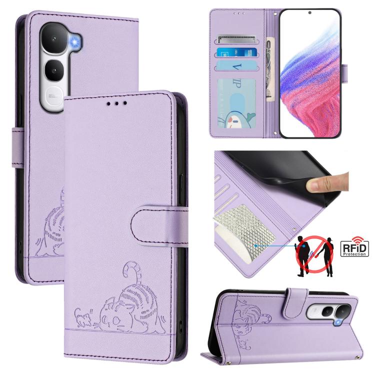 Cat Rat Embossed Pattern RFID Leather Phone Case with Lanyard, For vivo V60 Lite 5G Global, For vivo Y400 5G Global, For vivo Y400 4G, For vivo V60 5G Global, For vivo S30 Pro mini, For vivo S30, For vivo X200s 5G, For vivo Y39 5G Global