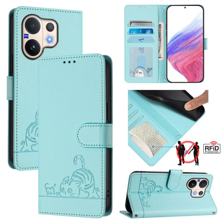 Cat Rat Embossed Pattern RFID Leather Phone Case with Lanyard, For vivo V60 Lite 5G Global, For vivo Y400 5G Global, For vivo Y400 4G, For vivo V60 5G Global, For vivo S30 Pro mini, For vivo S30, For vivo X200s 5G, For vivo Y39 5G Global