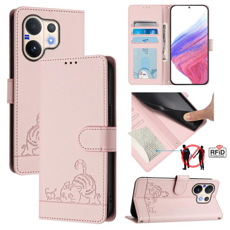 Cat Rat Embossed Pattern RFID Leather Phone Case with Lanyard, For vivo V60 Lite 5G Global, For vivo Y400 5G Global, For vivo Y400 4G, For vivo V60 5G Global, For vivo S30 Pro mini, For vivo S30, For vivo X200s 5G, For vivo Y39 5G Global