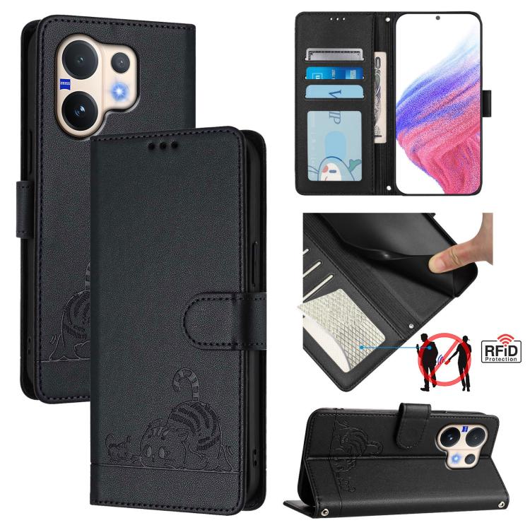 Cat Rat Embossed Pattern RFID Leather Phone Case with Lanyard, For vivo V60 Lite 5G Global, For vivo Y400 5G Global, For vivo Y400 4G, For vivo V60 5G Global, For vivo S30 Pro mini, For vivo S30, For vivo X200s 5G, For vivo Y39 5G Global