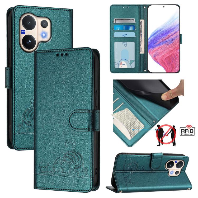 Cat Rat Embossed Pattern RFID Leather Phone Case with Lanyard, For vivo V60 Lite 5G Global, For vivo Y400 5G Global, For vivo Y400 4G, For vivo V60 5G Global, For vivo S30 Pro mini, For vivo S30, For vivo X200s 5G, For vivo Y39 5G Global