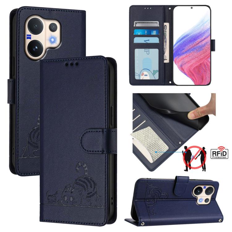 Cat Rat Embossed Pattern RFID Leather Phone Case with Lanyard, For vivo V60 Lite 5G Global, For vivo Y400 5G Global, For vivo Y400 4G, For vivo V60 5G Global, For vivo S30 Pro mini, For vivo S30, For vivo X200s 5G, For vivo Y39 5G Global