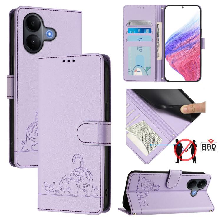 Cat Rat Embossed Pattern RFID Leather Phone Case with Lanyard, For vivo V60 Lite 5G Global, For vivo Y400 5G Global, For vivo Y400 4G, For vivo V60 5G Global, For vivo S30 Pro mini, For vivo S30, For vivo X200s 5G, For vivo Y39 5G Global