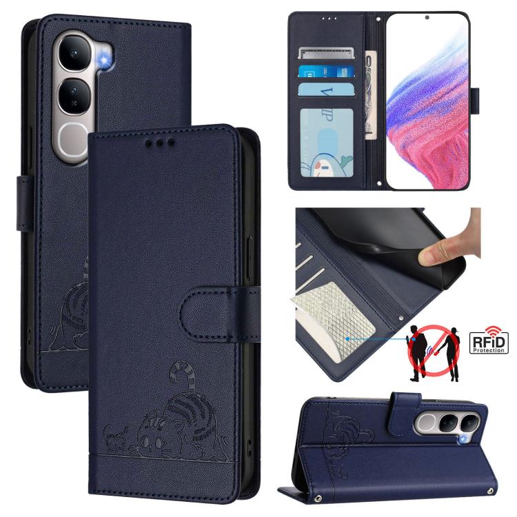 Cat Rat Embossed Pattern RFID Leather Phone Case with Lanyard, For vivo X300 FE 5G Zeiss, For vivo X300s 5G, For vivo Y21 5G 2026 / vivo Y05 4G, For vivo V70 FE 5G, For vivo X300 Ultra 5G, For vivo X300 Pro, For vivo X300, For vivo Y31 5G Global