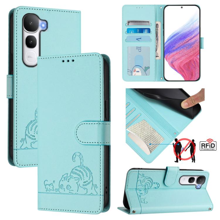 Cat Rat Embossed Pattern RFID Leather Phone Case with Lanyard, For vivo V60 Lite 5G Global, For vivo Y400 5G Global, For vivo Y400 4G, For vivo V60 5G Global, For vivo S30 Pro mini, For vivo S30, For vivo X200s 5G, For vivo Y39 5G Global