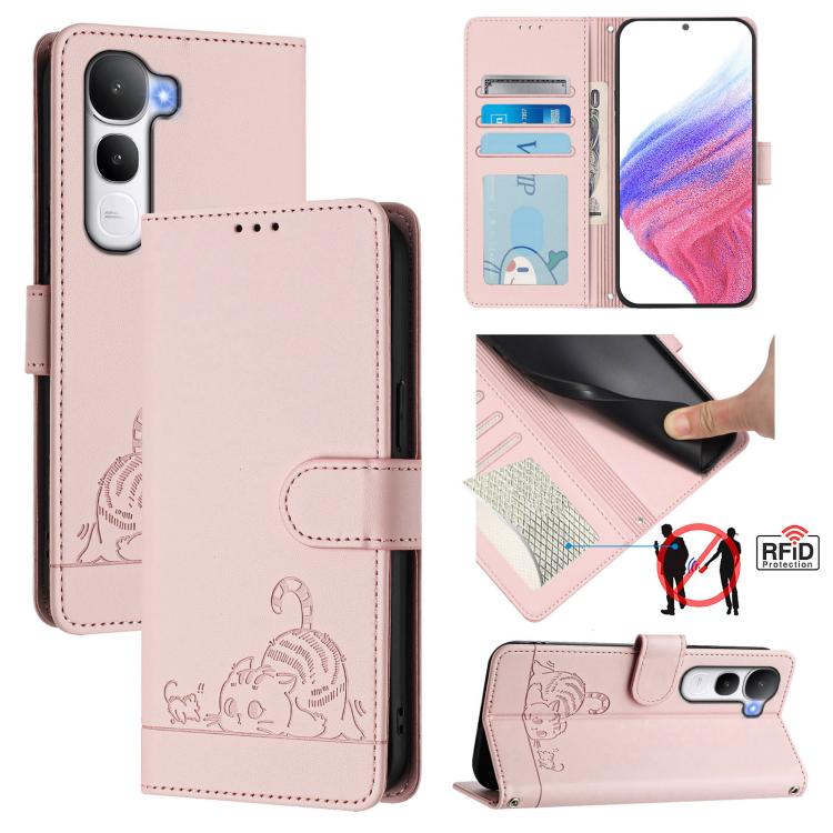 Cat Rat Embossed Pattern RFID Leather Phone Case with Lanyard, For vivo V60 Lite 5G Global, For vivo Y400 5G Global, For vivo Y400 4G, For vivo V60 5G Global, For vivo S30 Pro mini, For vivo S30, For vivo X200s 5G, For vivo Y39 5G Global