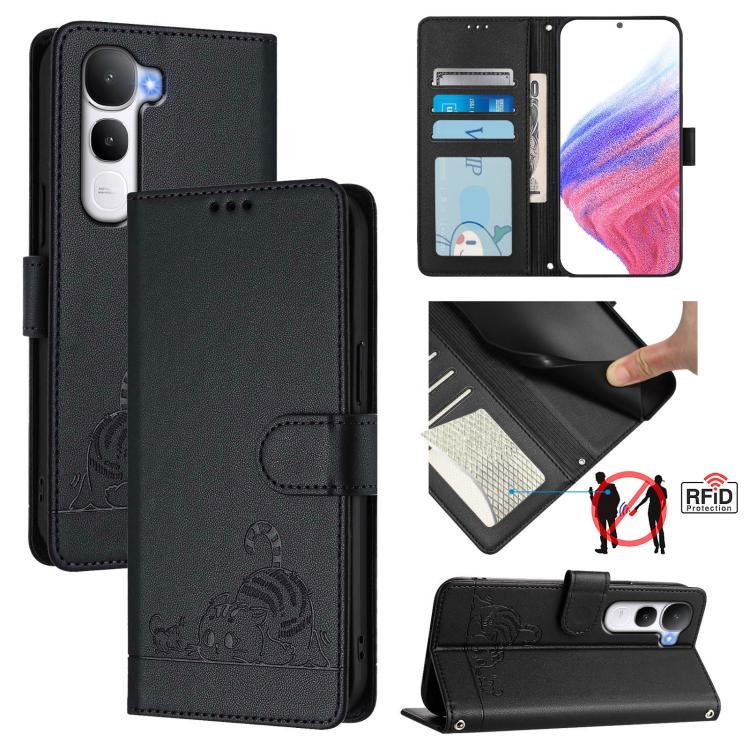 Cat Rat Embossed Pattern RFID Leather Phone Case with Lanyard, For vivo V60 Lite 5G Global, For vivo Y400 5G Global, For vivo Y400 4G, For vivo V60 5G Global, For vivo S30 Pro mini, For vivo S30, For vivo X200s 5G, For vivo Y39 5G Global