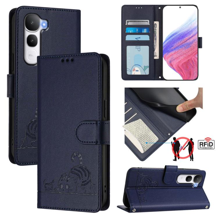 Cat Rat Embossed Pattern RFID Leather Phone Case with Lanyard, For vivo V60 Lite 5G Global, For vivo Y400 5G Global, For vivo Y400 4G, For vivo V60 5G Global, For vivo S30 Pro mini, For vivo S30, For vivo X200s 5G, For vivo Y39 5G Global