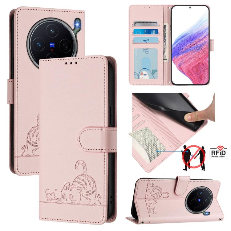 Cat Rat Embossed Pattern RFID Leather Phone Case with Lanyard, For vivo X300 FE 5G Zeiss, For vivo X300s 5G, For vivo Y21 5G 2026 / vivo Y05 4G, For vivo V70 FE 5G, For vivo X300 Ultra 5G, For vivo X300 Pro, For vivo X300, For vivo Y31 5G Global
