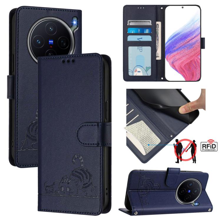 Cat Rat Embossed Pattern RFID Leather Phone Case with Lanyard, For vivo X300 FE 5G Zeiss, For vivo X300s 5G, For vivo Y21 5G 2026 / vivo Y05 4G, For vivo V70 FE 5G, For vivo X300 Ultra 5G, For vivo X300 Pro, For vivo X300, For vivo Y31 5G Global